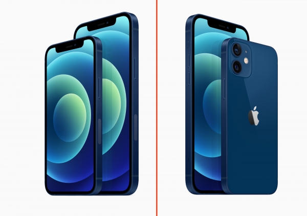On the left is the US version of iPhone 12 where there is a visible antenna window below the power button __ on the right is the international version. Image: Apple