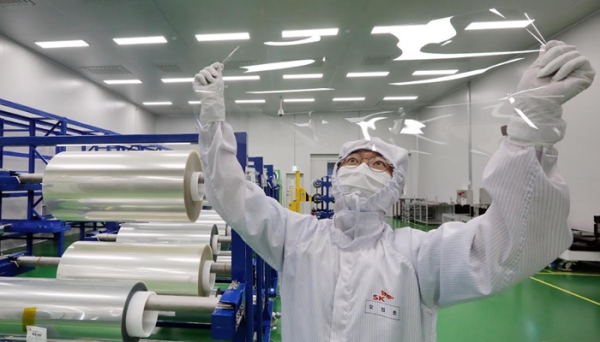 The company calls its polyimide film flexible cover window, or FCW. Image: SK IE Technology